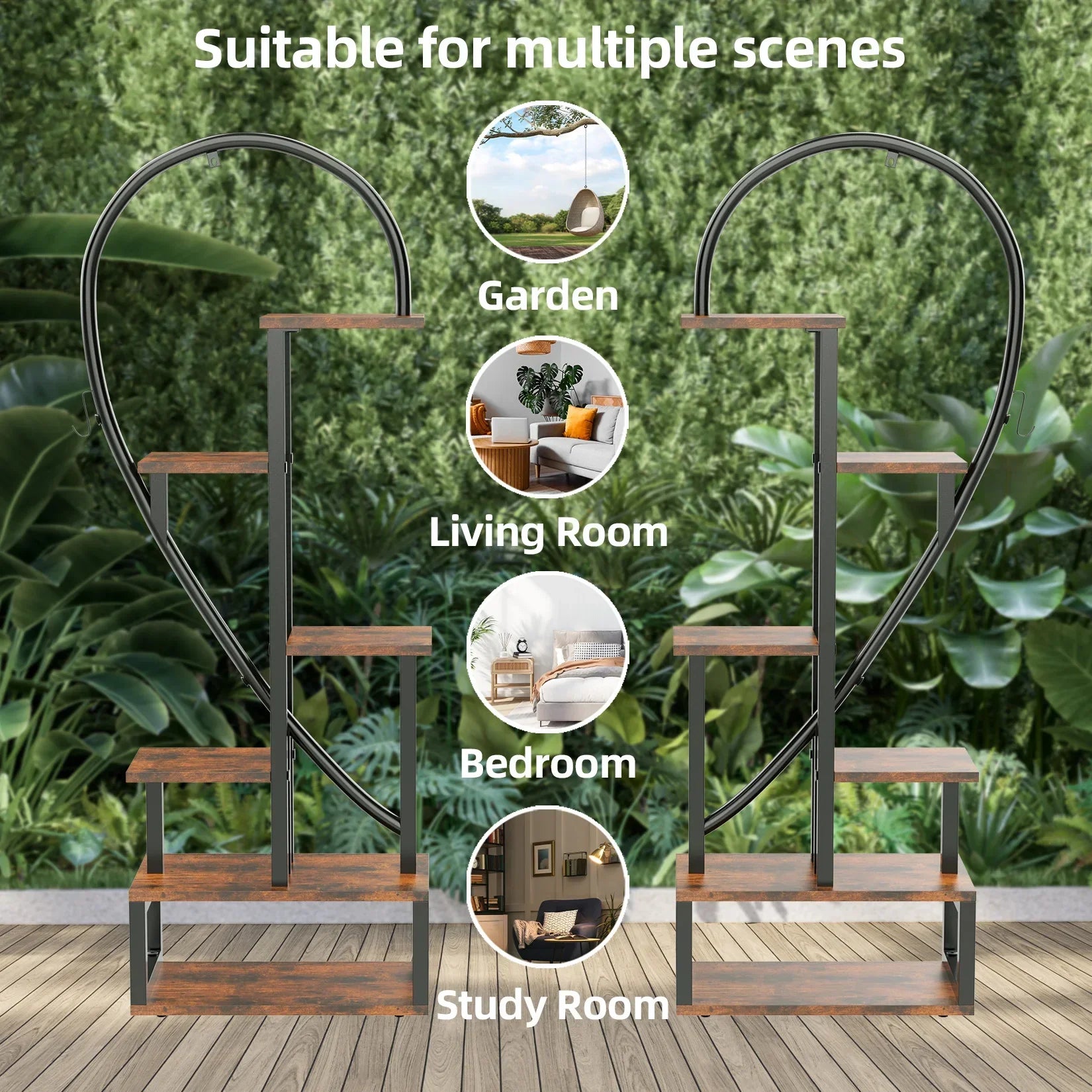 Decorbites heart-shaped plant stand with black wrought iron frame and rustic brown wooden shelves for 20 pots