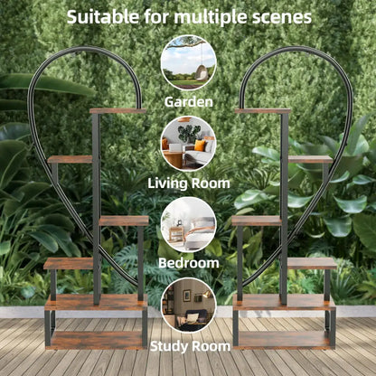 Decorbites™ heart shaped plant stand with rustic brown wooden shelves and black wrought iron frame hooks