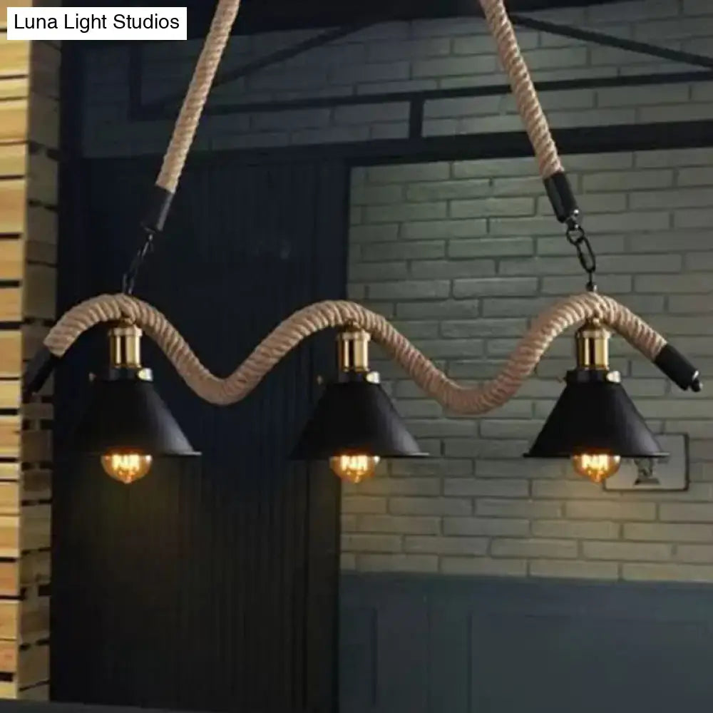 Industrial-style three-light hanging lamp with thick beige hemp rope suspension and black antique wrapped shades for restaurants and islands
