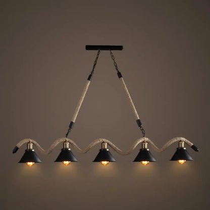 Industrial-style black hanging lamp with five conical shades suspended by hemp rope and metal chains ideal for restaurants