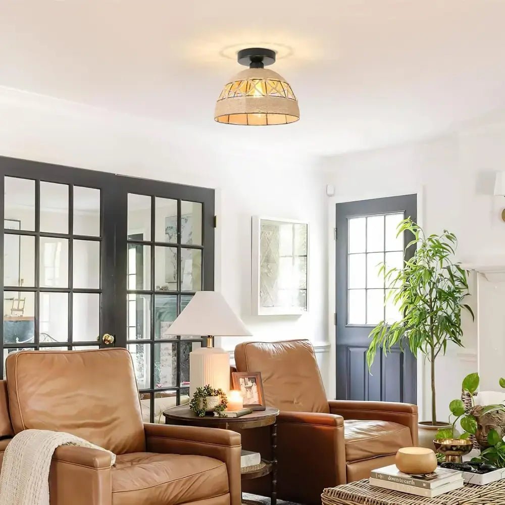 Beige-tinted glass pendant ceiling light with black metal frame and geometric cutouts for hemp rope ceiling decor