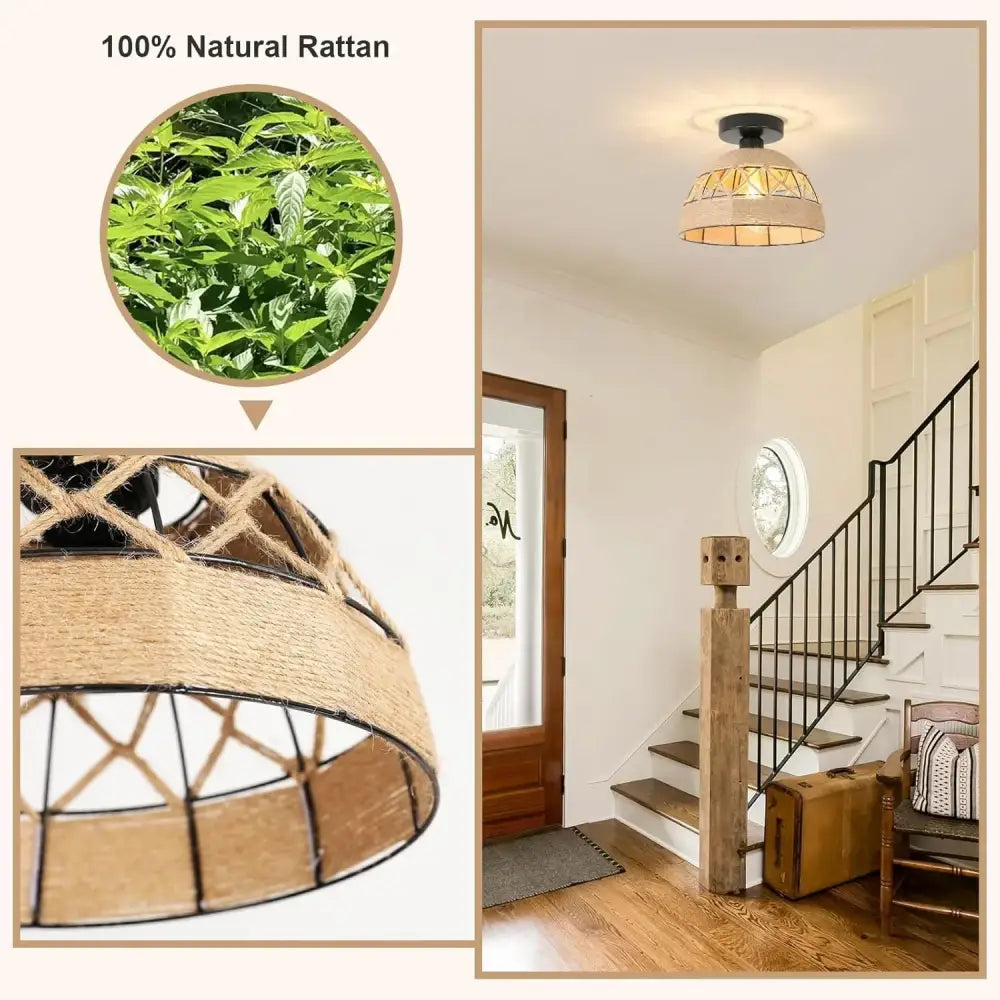 Beige woven rattan decorbites hemp rope ceiling light with black metal frame and geometric lattice design for home decor