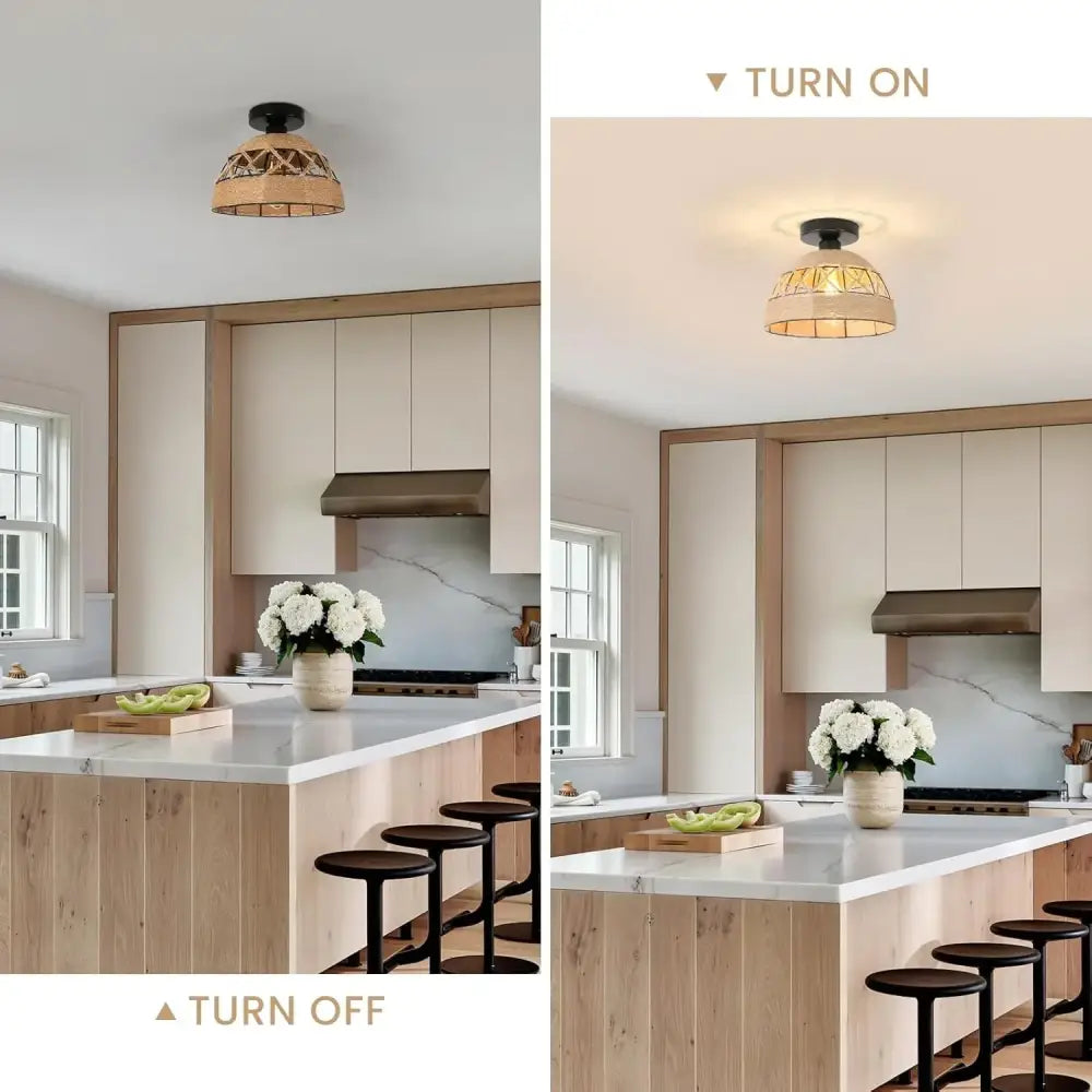 Woven rattan pendant ceiling light with black metal base featuring hemp rope for stylish home decor