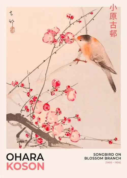 Decorbites™ hokusai japanese canvas art print home decor featuring a delicate bird and pink blossoms in ink wash style