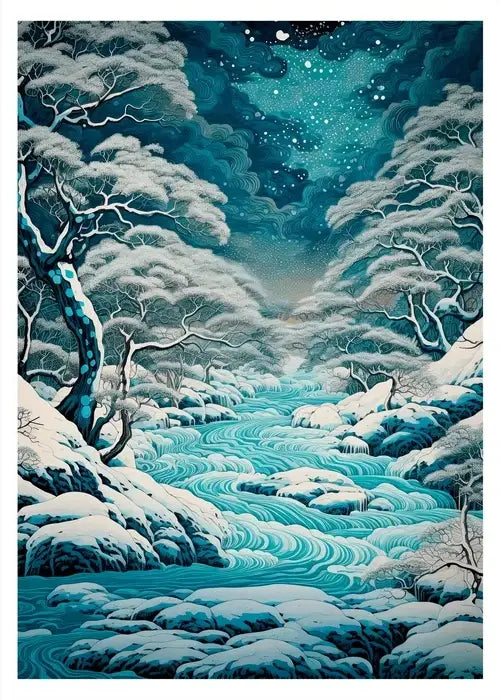 Decorbites™ hokusai japanese canvas art print featuring serene turquoise river winter landscape for home decor