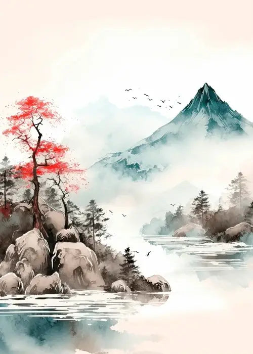 Decorbites™ hokusai japanese canvas art print featuring a red maple by misty mountains for elegant home decor