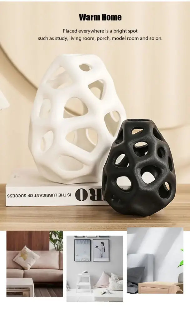 Decorbites™ hollow out ceramic vase nordic classical design with white and black geometric lattice pattern