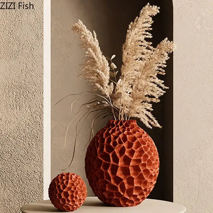Terracotta ceramic decorbites honeycomb vase with textured surface ideal for office desk decor and modern interiors