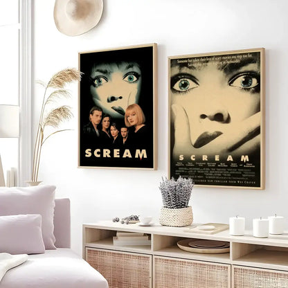 Two framed scream horror movie retro poster wall art featuring black gold and sepia tones for decorbites™ collection