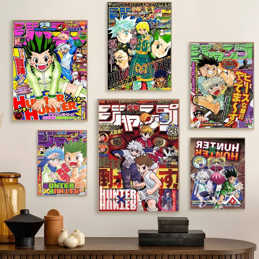 Five vibrant colorful hunter x hunter classic vintage posters displayed as decorbites vintage anime posters on wall