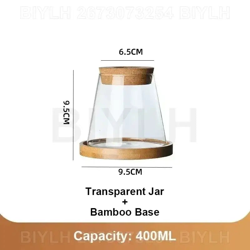 Clear glass flower pots with bamboo lid and base for hydroponic use storing 400ml by DecorBites