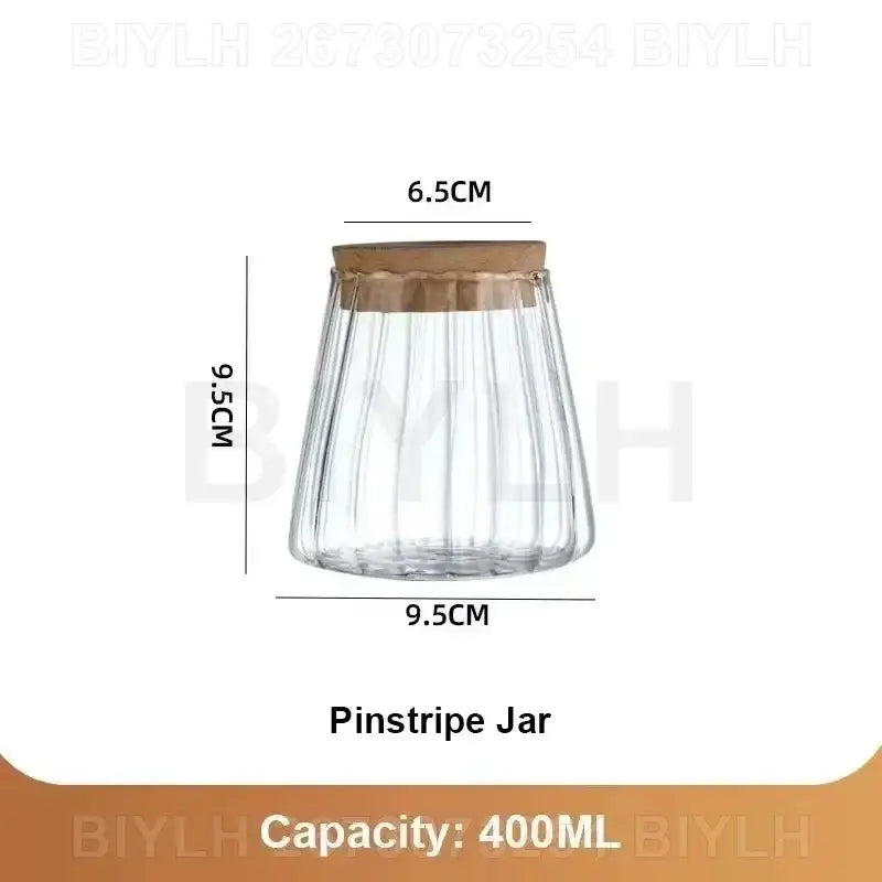 Clear glass flower pot with vertical ribbed pinstripes and natural wood lid labeled 400ml capacity set of 2