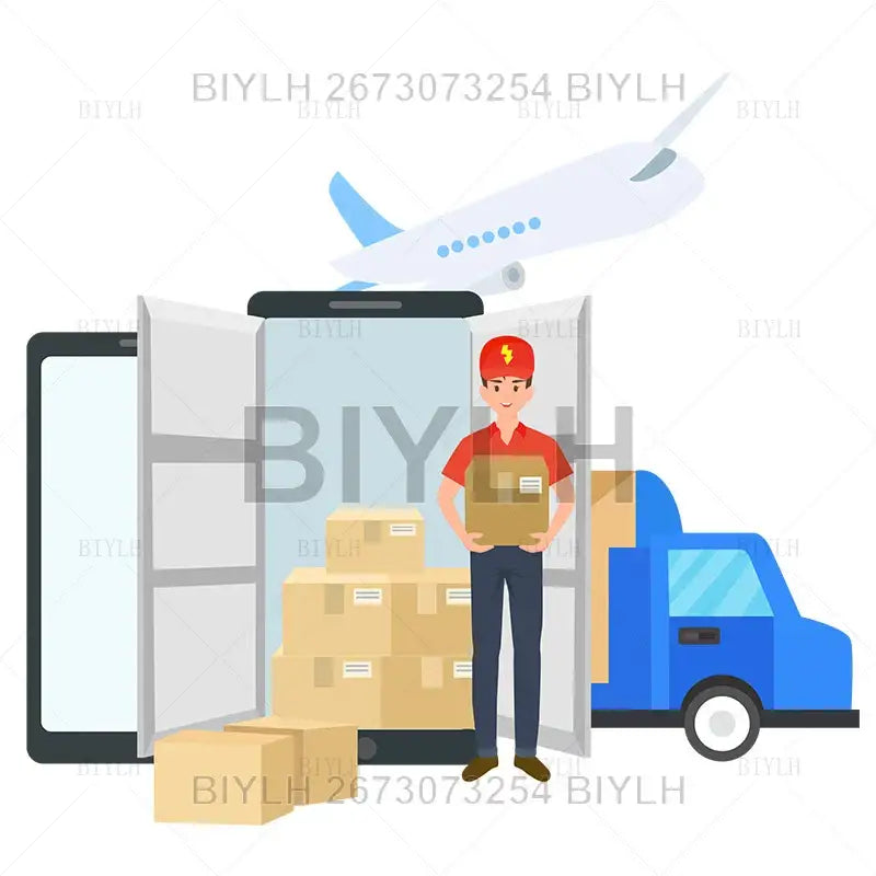 A delivery driver holding a brown box stands between a smartphone and blue van shipping decorbites hydroponic glass flower pots