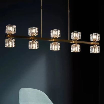 DecorBites ice cube crystal pendant light with gold-toned bar and faceted crystal cubes for dining room bulb base