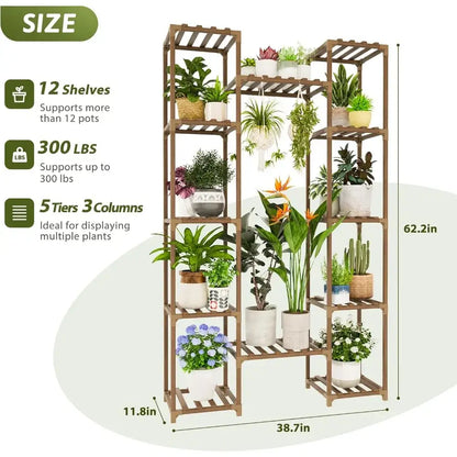 Brown wooden indoor plant grow lights stand with 12 shelves five tiers three columns for indoor plants