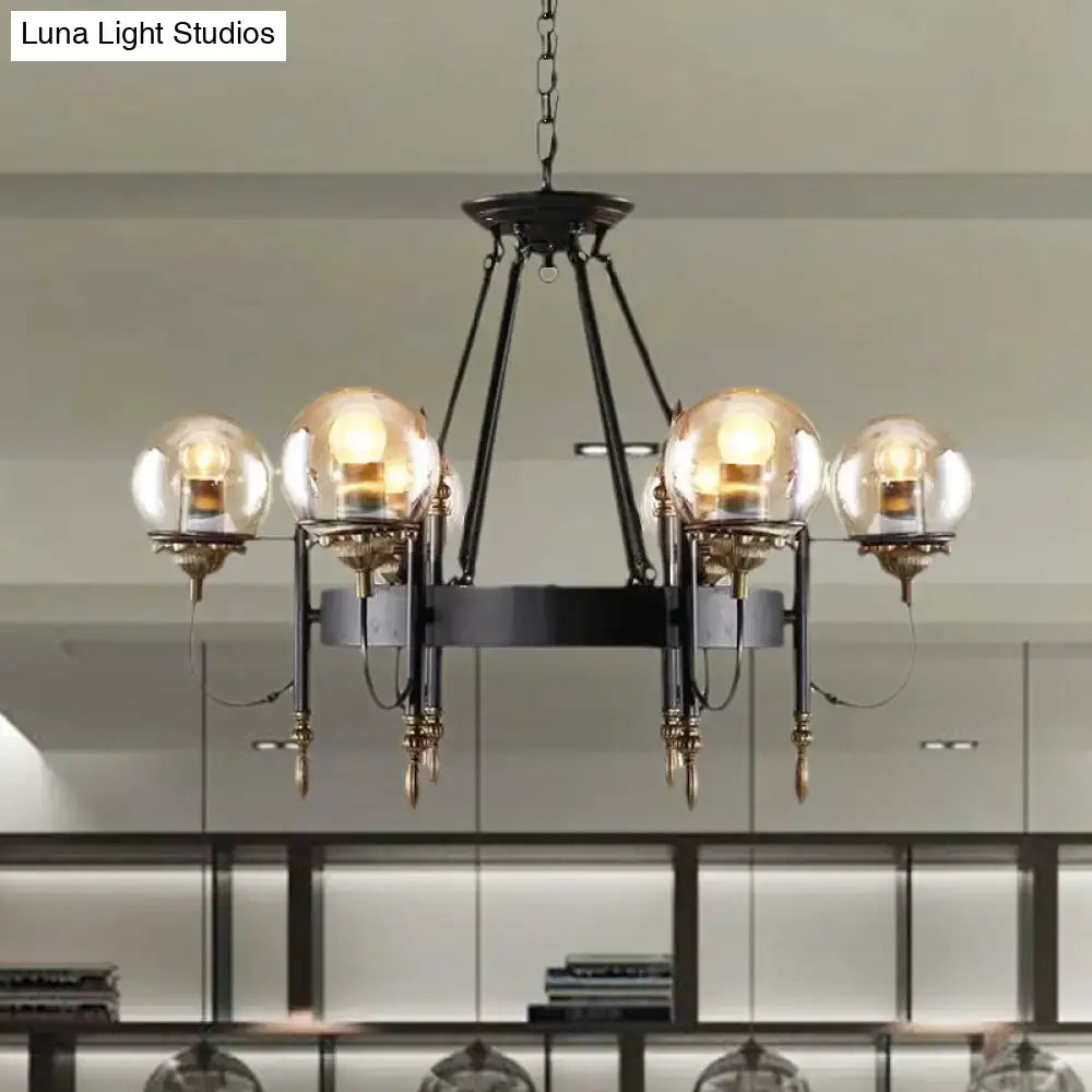 Decorbites industrial 6-light clear glass globe chandelier with black metal frame brass accents and clock detail