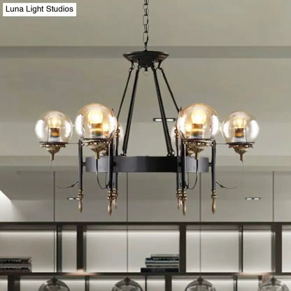 Decorbites industrial 6-light clear glass globe chandelier with black metal frame brass accents and clock detail