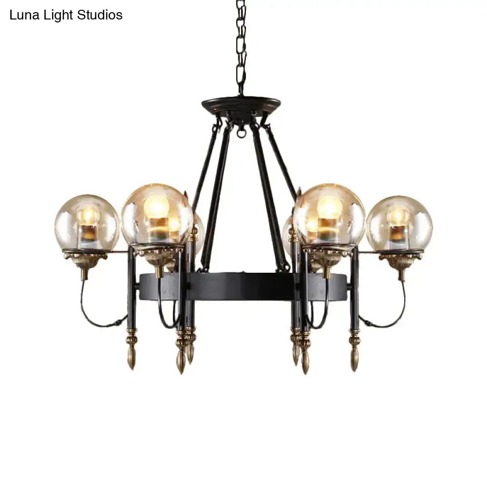 Decorbites™ industrial 6-light black wrought iron chandelier with clear glass globe amber globes and brass accents for living room