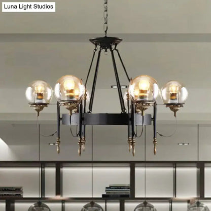 Decorbites™ industrial 6-light pendant chandelier with clear glass globe bulbs black metal frame and brass accents for living room