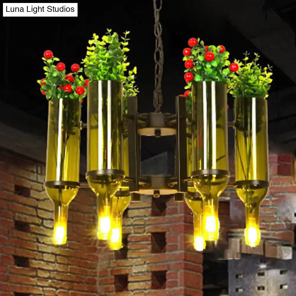 DecorBites™ industrial 6-light green glass wine bottle chandelier with artificial plants for dining room lighting