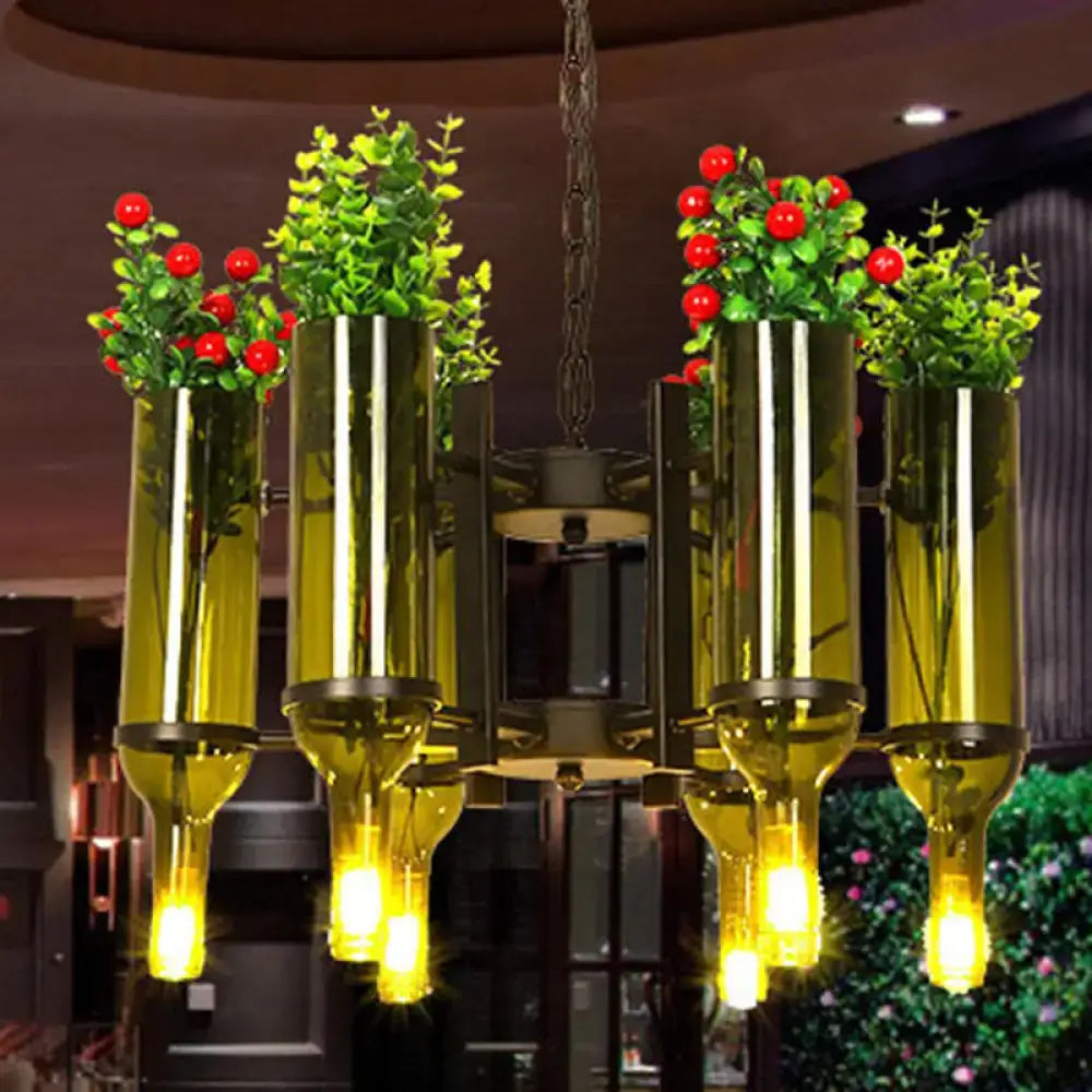 Decorbites industrial 6-light green glass wine bottle chandelier with metallic accents and dining room floral design