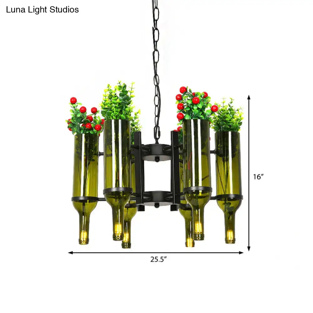 DecorBites™ industrial 6-light wine bottle chandelier with dark green glass and black metal frame for dining room lighting