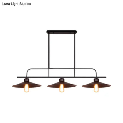 Industrial black finish metal pendant light with three exposed edison bulbs and conical shades for restaurants