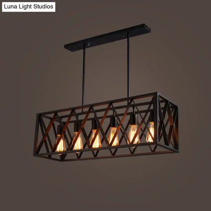Industrial black iron pendant light with rectangle frame and five filament bulbs chain cord length for restaurants