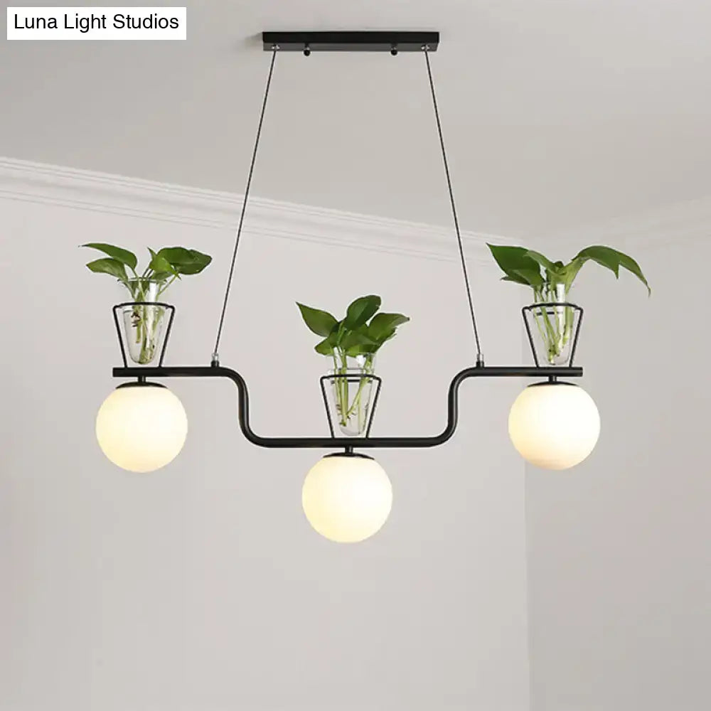 DecorBites industrial black island light fixture with opal glass globe pendant and clear glass pot planters