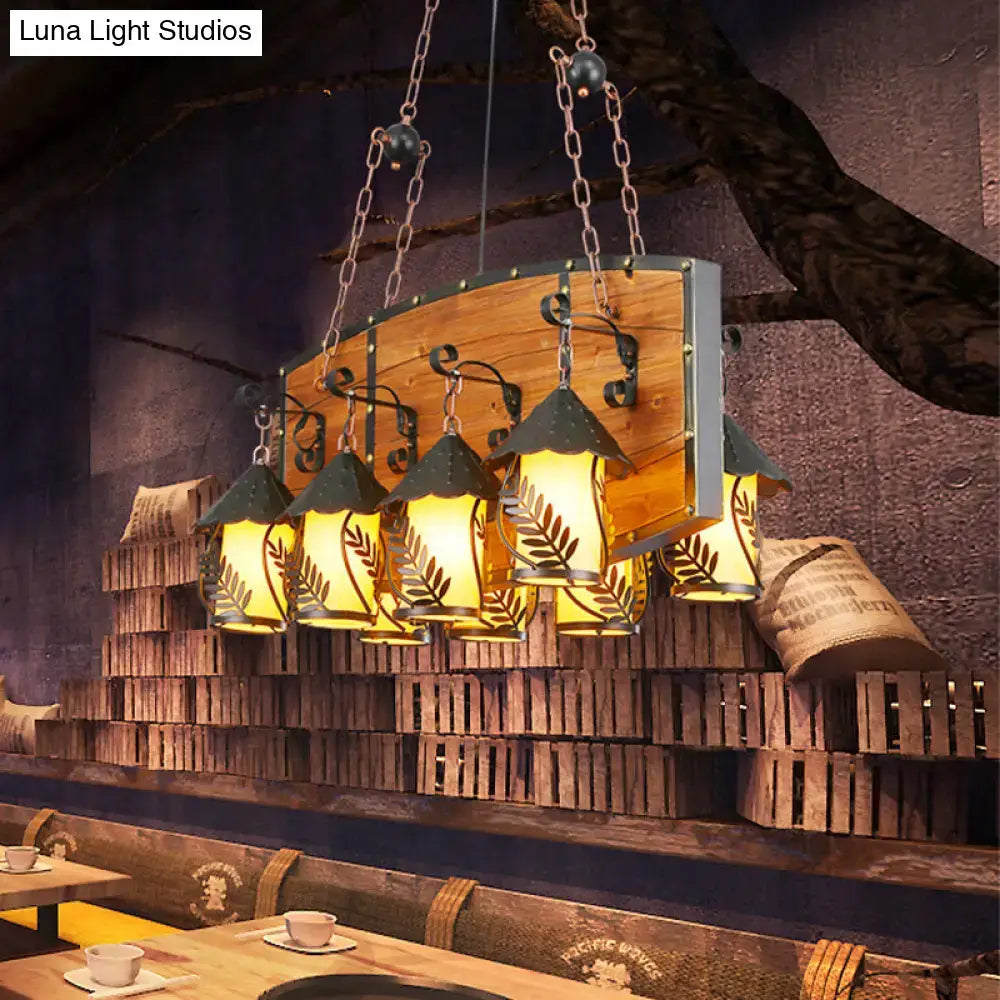 Rustic wooden chandelier with wrought iron accents and amber clear glass shades pendant light for restaurant ceiling