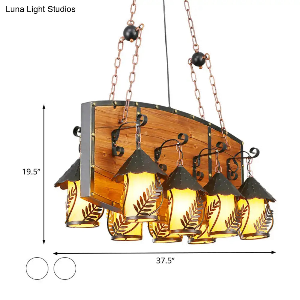 Rustic wooden chandelier pendant light with five amber clear glass lanterns, black metal accents, and copper chains for ceiling use
