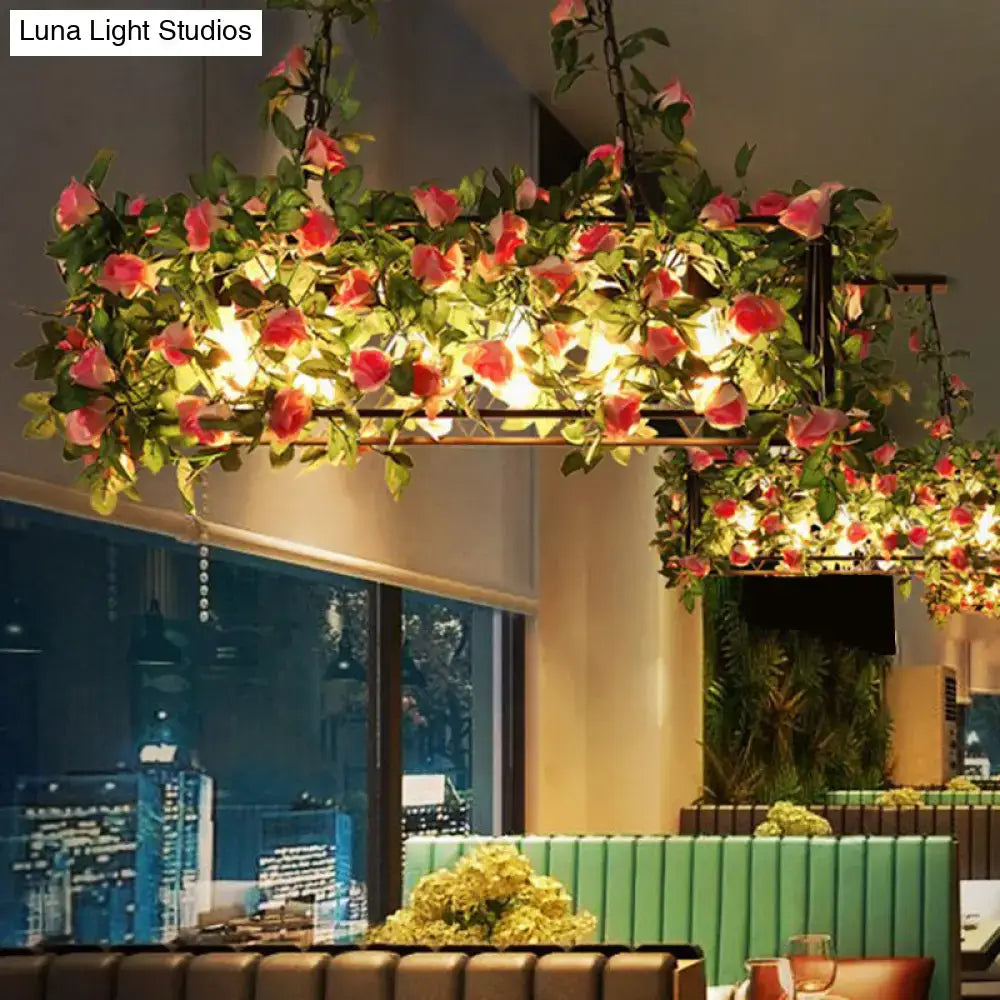 DecorBites™ industrial black metal island lamp with 4-light rectangle design and warm led incandescent faux plant decor