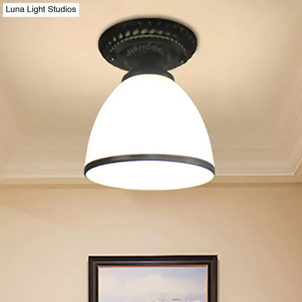 DecorBites™ industrial black semi flush ceiling light with milky glass shade and dome flower design for gallery use