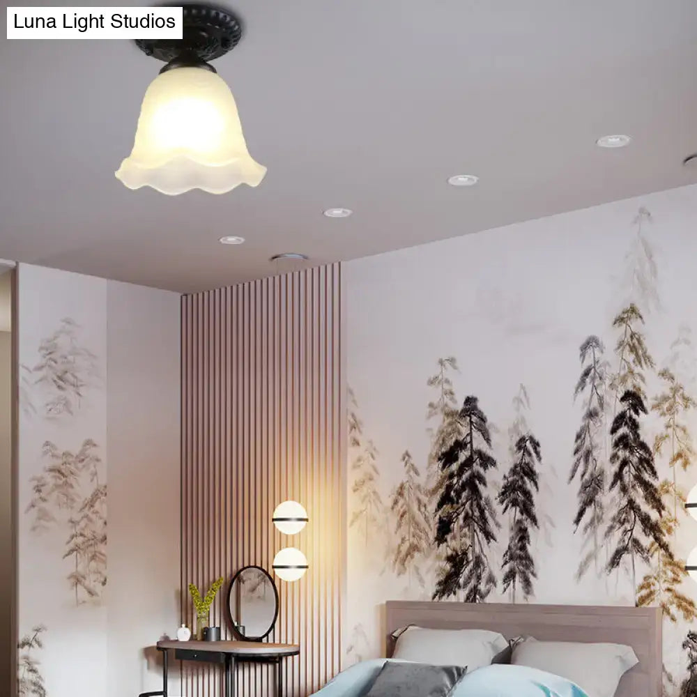 Decorbites industrial black semi flush ceiling light with dome flower milky glass shade and dark metal fixture