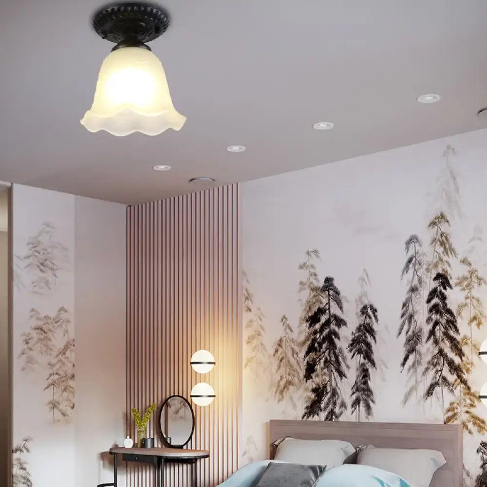 Decorbites™ industrial black semi flush ceiling light with ornate dome flower base and milky glass bell shade for gallery