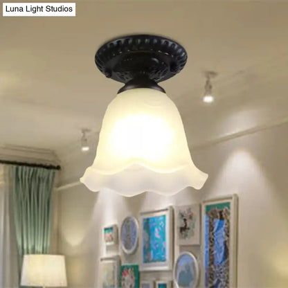 DecorBites vintage-style industrial black semi flush ceiling light with milky glass dome flower shade for gallery use