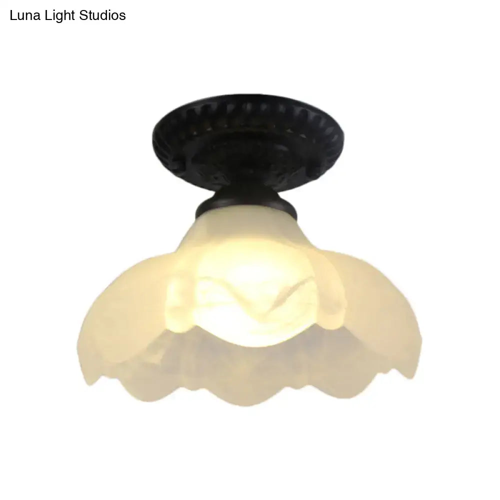 Black metal semi flush ceiling light with milky glass scalloped dome flower shade for gallery lighting