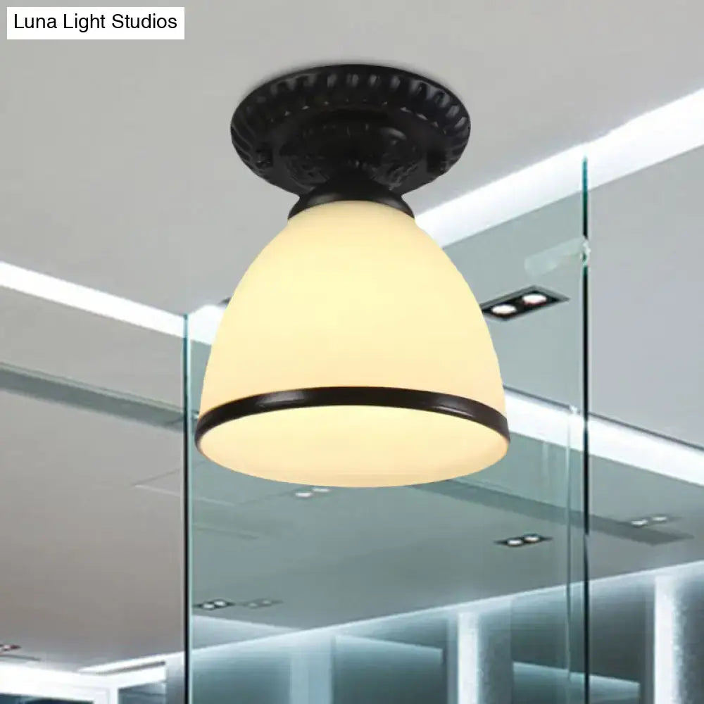 DecorBites industrial black semi flush ceiling light with milky glass dome flower shade and decorative metal rim for gallery
