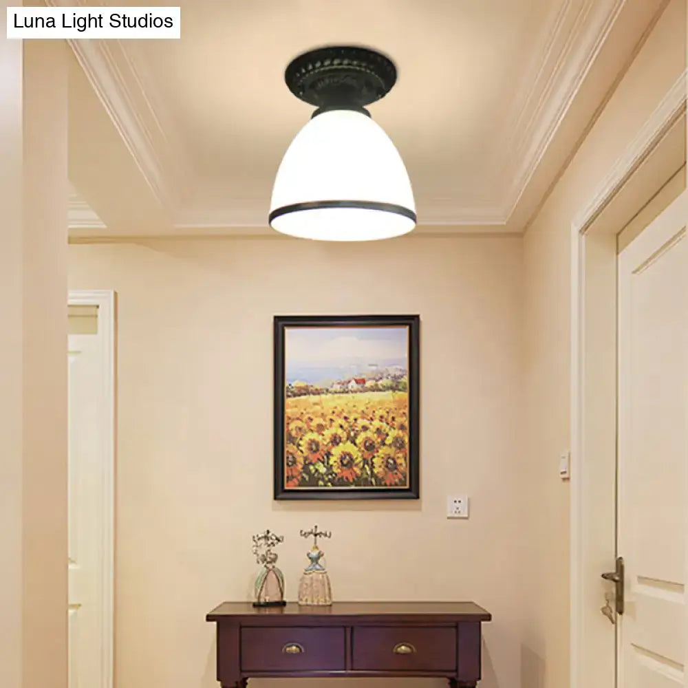 Decorbites™ industrial black semi flush ceiling light with milky glass shade and dome flower design perfect for gallery