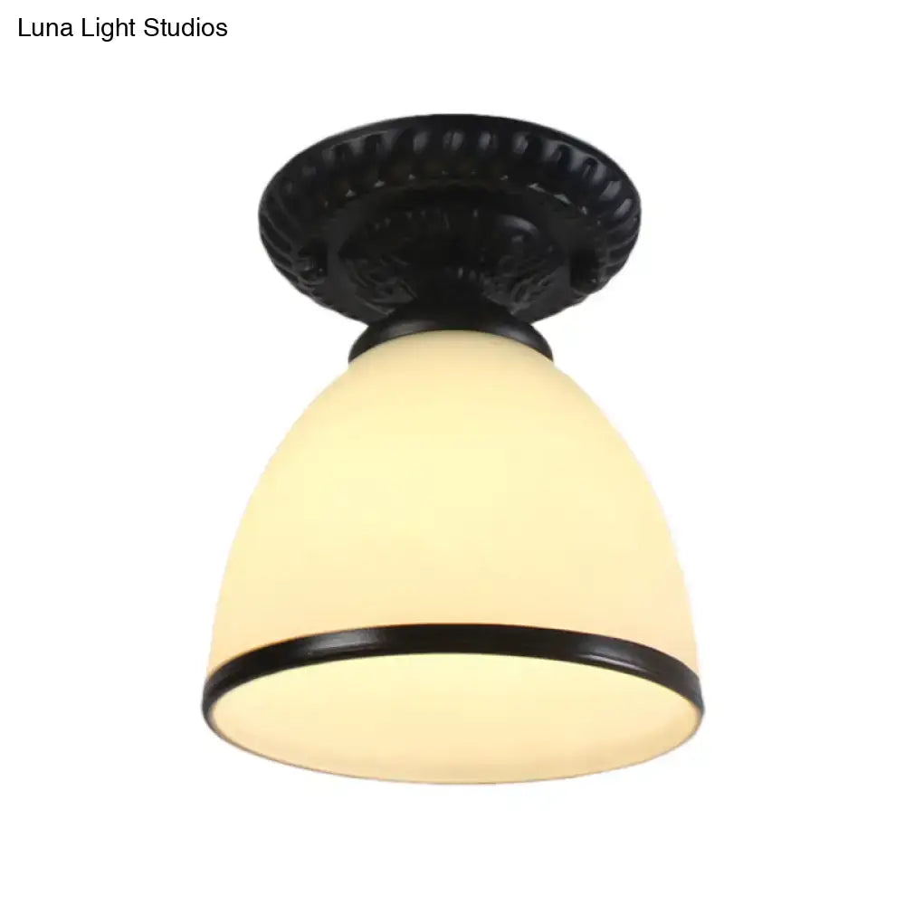 Black ornate dome flower semi flush ceiling light with milky glass shade by decorbites perfect for gallery use