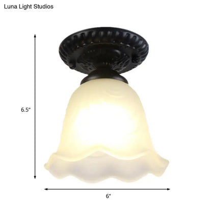 Decorbites™ industrial black semi flush ceiling light with ornate dome flower fixture and milky glass shade for gallery