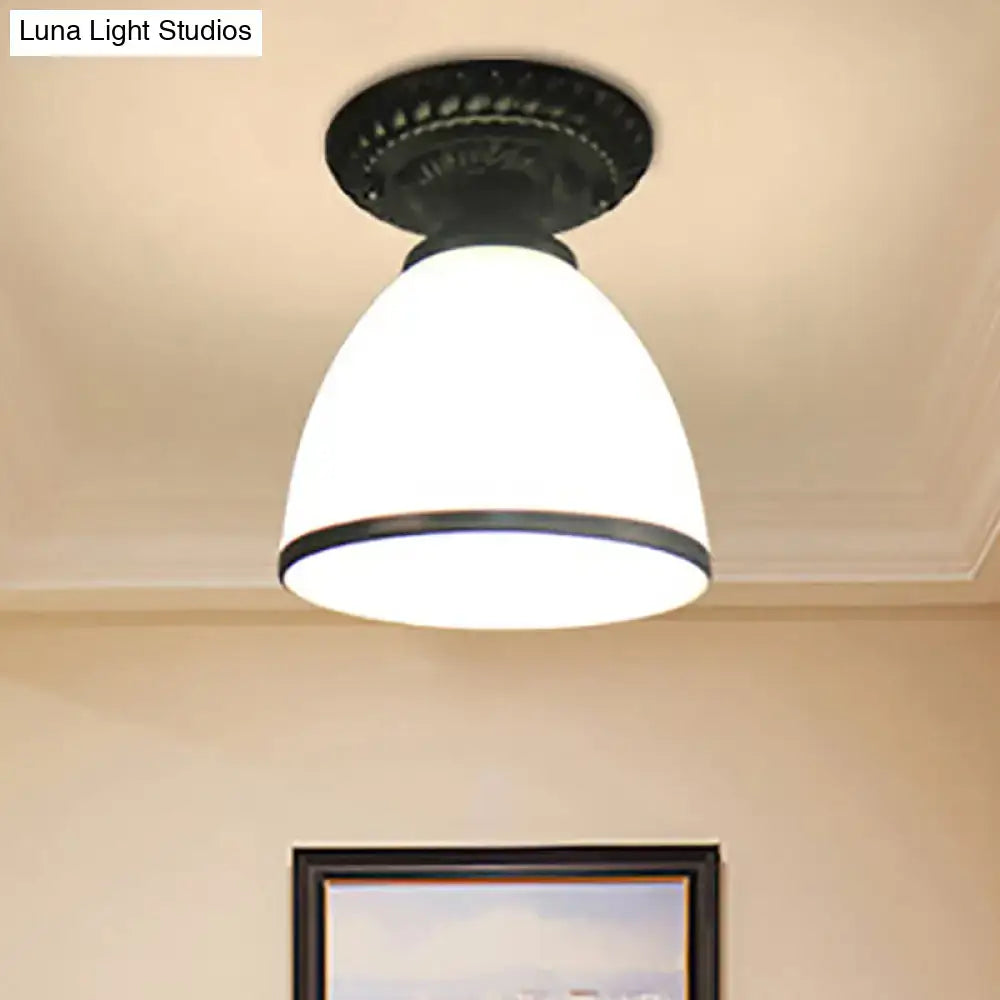 Decorbites industrial black semi flush ceiling light with dome flower design and milky glass shade for gallery use