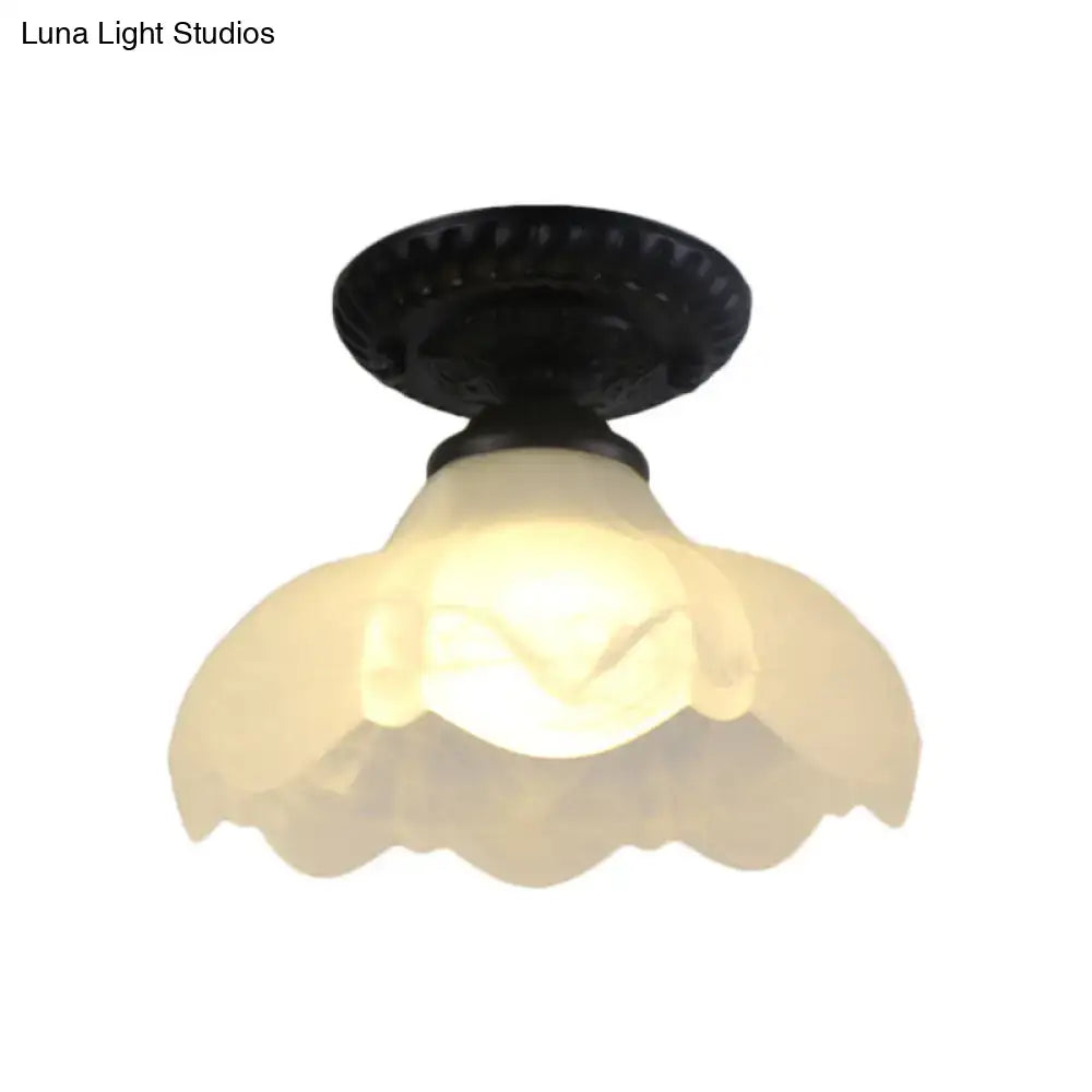 Decorbites industrial black semi flush ceiling light with dome flower milky glass scalloped shade for gallery use