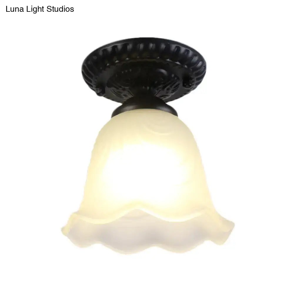 Decorbites industrial black semi flush ceiling light with dome flower design and milky glass shade for gallery use