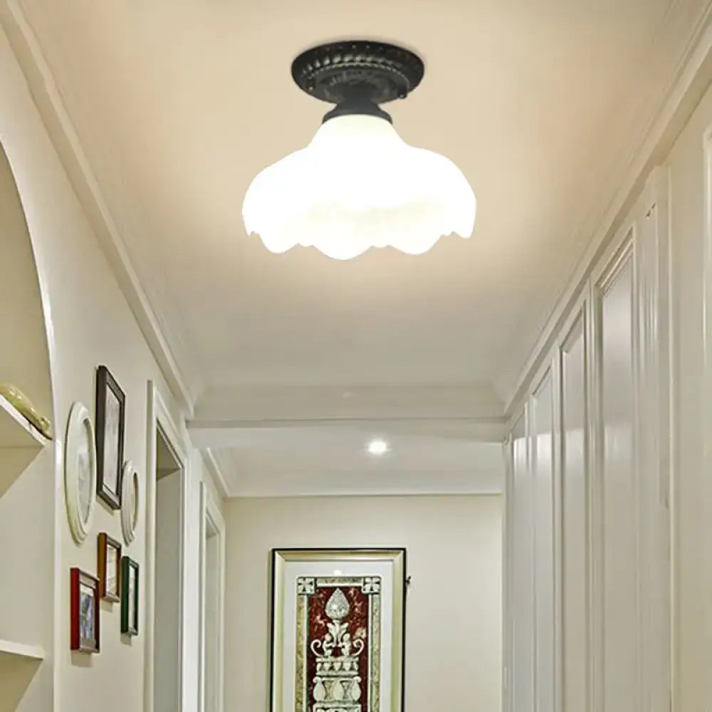 DecorBites™ industrial black semi flush ceiling light with dome flower ornate base and milky glass shade perfect for gallery