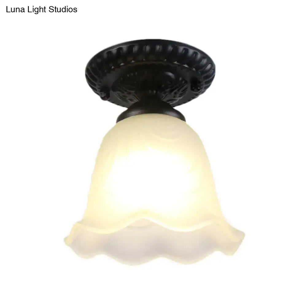 DecorBites™ industrial black semi flush ceiling light with ornate metal dome flower and milky glass shade for gallery