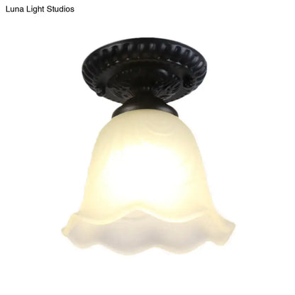 DecorBites™ industrial black semi flush ceiling light with ornate metal dome flower and milky glass shade for gallery