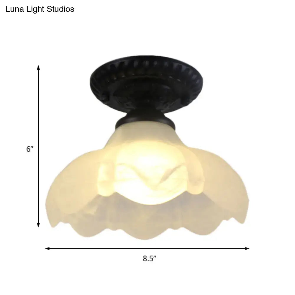DecorBites™ industrial black semi flush ceiling light with ornate base and milky glass dome flower shade for gallery use