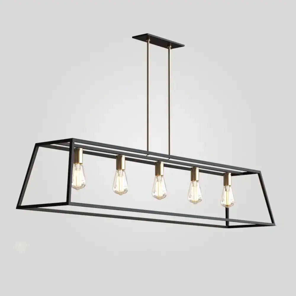 DecorBites™ industrial black trapezoid metal pendant light with five exposed bulbs for dining room ceiling suspension