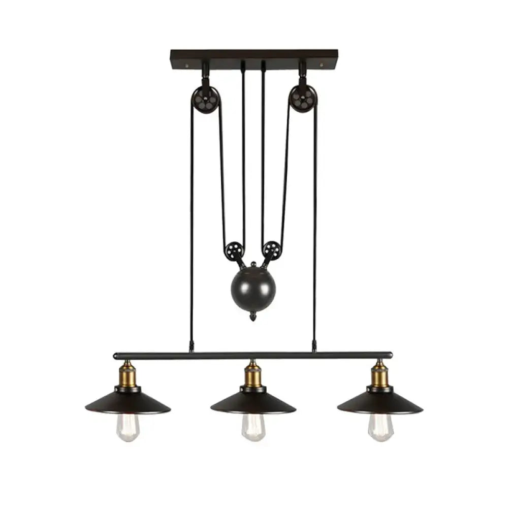 DecorBites™ industrial black wide flare pulley pendant light with three bulbs and brass accents for restaurant use